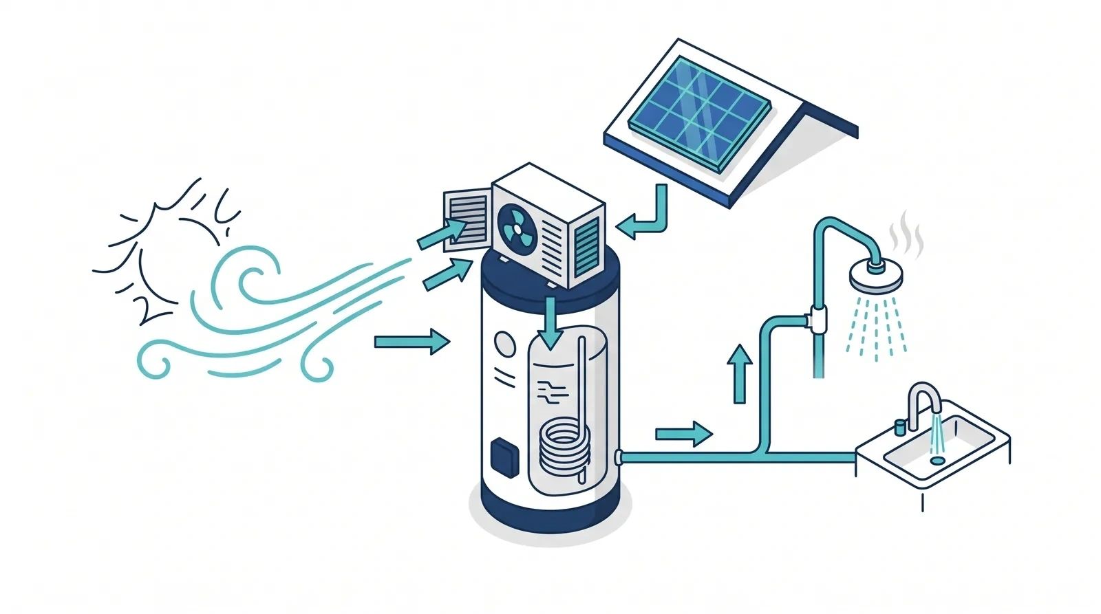 Schema: hoe een warmtepompboiler werkt — gratis warmte uit de lucht plus een beetje elektriciteit