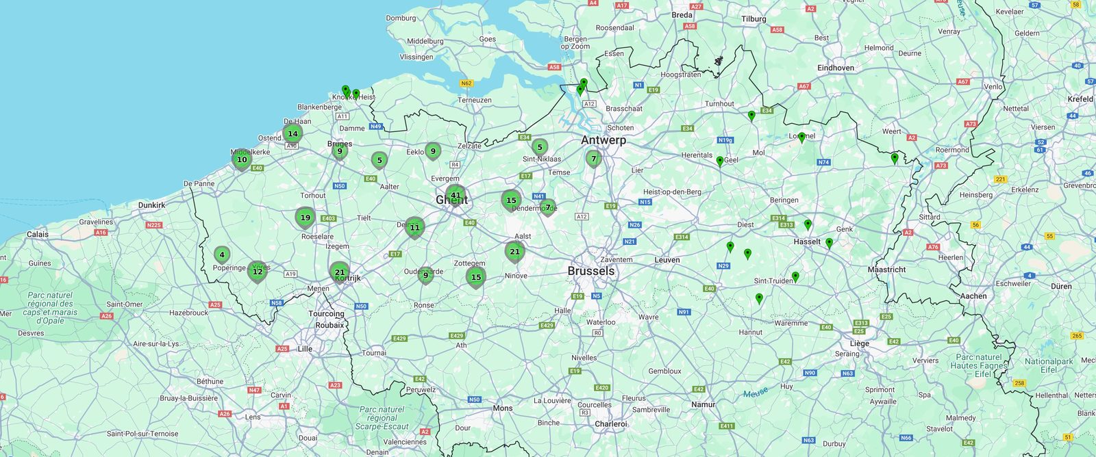 Kaart met installaties van Solar Planeet in heel Vlaanderen (2025)